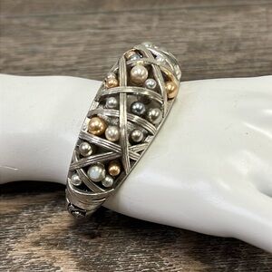 Brighton Grateful Heart Cuff Bracelet Silver Tone Faux Pearl Magnetic Closure